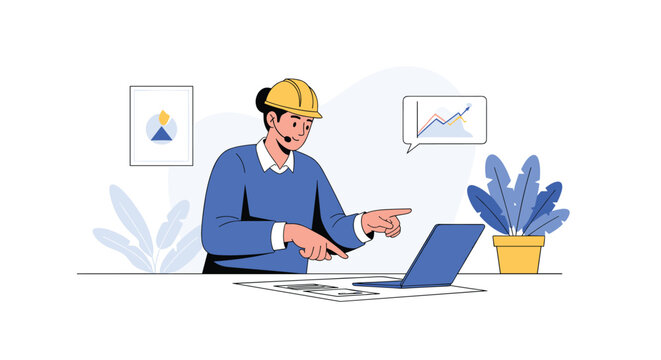 Professional female engineer in a blue sweater and yellow hard hat works on blueprints and a laptop in a clean office setting.