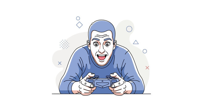Excited Man Playing Video Games with Controller, Expressing Joy and Concentration