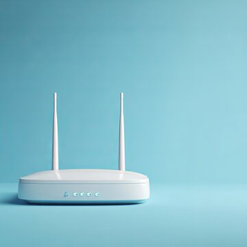 Modern wireless router stands prominently against vibrant blue backdrop, symbolizing connectivity, digital lifestyle.
