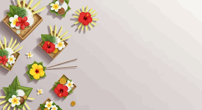 Traditional Balinese Canang Sari offerings with vibrant flowers and leaves
