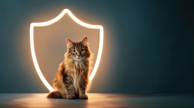 a domestic cat protected by a glowing neon shield representing pet insurance health coverage and animal safety