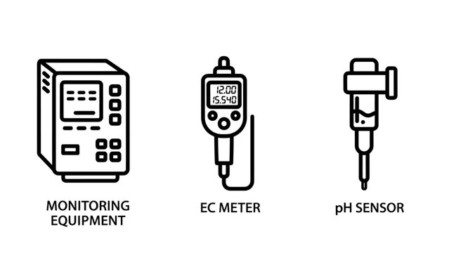 Monitoring equipment ec meter p h sensor icons with ec meter ph sensor flat design ec meter p h sensor equipment conductivity measurement scientific laboratory analysis instrument industry