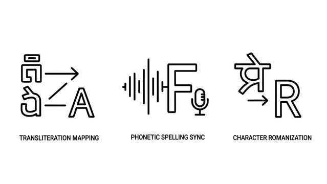 Icons for translation phonetic spelling character recognition with translation language linguistics communication illustration technology recognition alphabet dictionary learning education