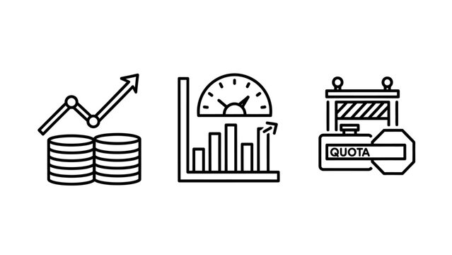 Financial analysis icons: stacked coins growing graph quota limit with business investment analysis statistics currency performance progress management strategy planning financial pictogram