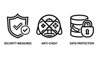 Fototapeta premium Data security and protection icons set showing security measures anti-cheat and data storage safety with security protection database information encryption firewall cybersecurity monitoring