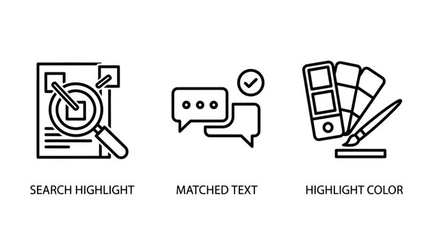 Design and development icons featuring searching light matched text and highlight color tools development interface software analysis highlight typography matching magnifying creative