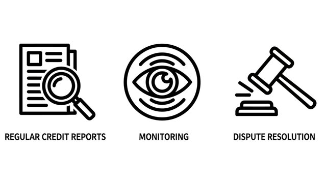 Financial and legal monitoring icons representing credit reports account monitoring dispute resolution via legal gavel monitoring resolution document surveillance security identity