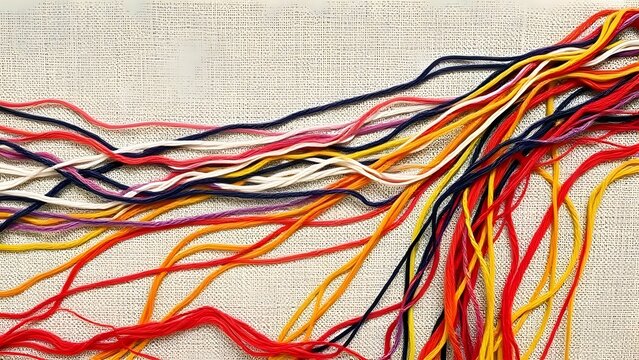 Vibrant threads intertwined on textured fabric
