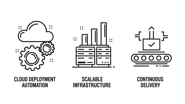 Cloud deployment automation scalable infrastructure and continuous delivery icons with deployment automation scalable infrastructure continuous delivery software development computing