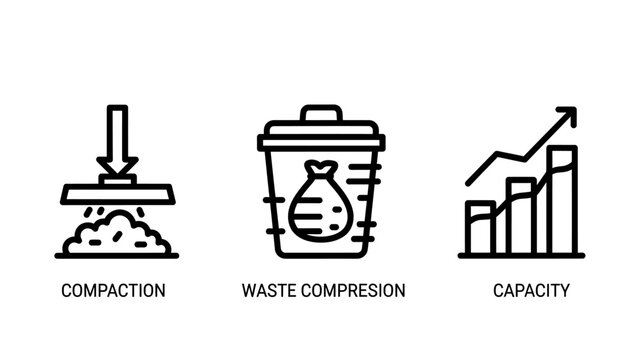 Industrial icons representing waste compaction compression techniques and container capacity metrics for sanitation management systems with compaction compression capacity industry management