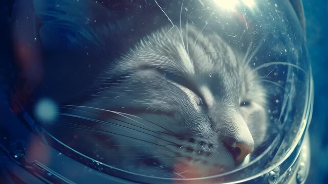 Cat in astronaut helmet gazing into space with serene expression