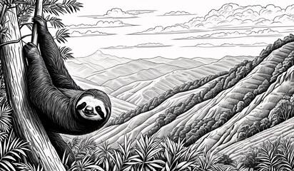 Fototapeta premium Black and white coloring book page, An arboreal creature waking up ready to move cautiously down 