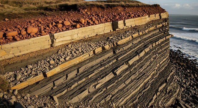 Geological rock strata showing sedimentary layers of limestone and shale on a coastal cliff face in south wales, uk