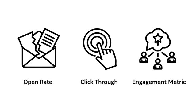 Set of marketing and engagement icons including email open rate click through rate social engagement metrics marketing engagement interaction communication business analytics analysis