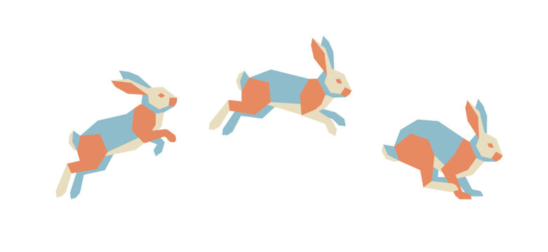 Three colorful geometric rabbits jumping in sequence