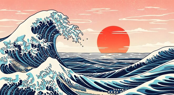 Japanese ukiyo-e style ocean wave with a red sun. Traditional oriental art and sea power. Massive blue waves crashing against the horizon during a bright sunset