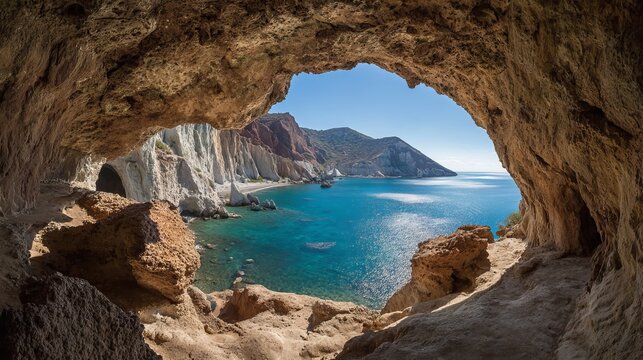 Sykia's cave on Milos island, Greece, showcases a volcanic opening.