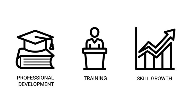 Professional development training and skill growth icons for educational business progress with professional development training education learning business advancement improvement graduation