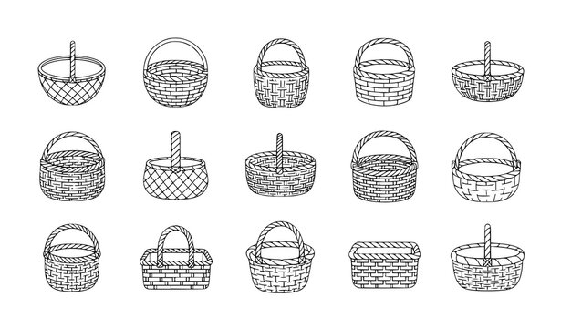 Handwoven basket outline icon collection with editable stroke showing woven storage containers vector
