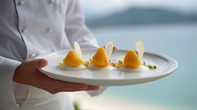 Professional chef present an exquisite dessert: three elegant mango or passion fruit sorbets or custards on white cream, garnished with delicate edible decorations, set against an ocean backdrop