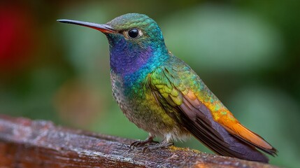 Fototapeta premium Hummingbird's colors change with backgrounds, making it more striking. Found in Mexico, these birds add beauty to gardens with blooming flowers.