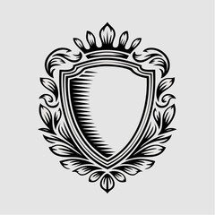 Obraz premium A detailed black and white illustration of a shield surrounded by leaves and decorative elements.