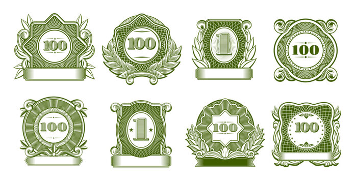 Money frames and watermarks for currency bill ornament elements, vector monetary guilloche patterns. Money frames for banknotes or vouchers with 1 and 100 numbers for currency or certificate guilloche