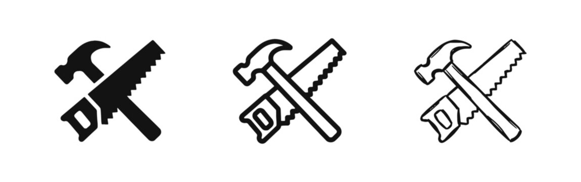 Hammer and Hand Saw Tools Icon Set in Solid, Outline, and Sketch Style
