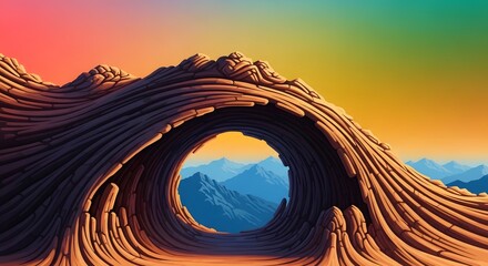 Naklejka premium Swirling organic rock tunnel leading to mountain peaks. Abstract geology and portal to nature. Curved stone formation opening to a scenic alpine vista