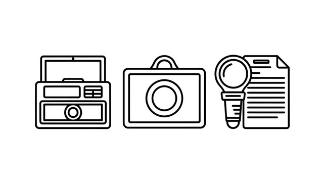 Digital office and administrative equipment icon set with magnifying document equipment administrative business professional management workflow stationery technology information corporate