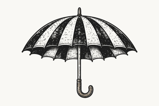 Hand-Drawn Vintage Striped Umbrella Illustration in Distressed Engraving Style; Classic Black and White Parasol with Weathered Texture Isolated on White Background for Retro Graphic Design Projects
