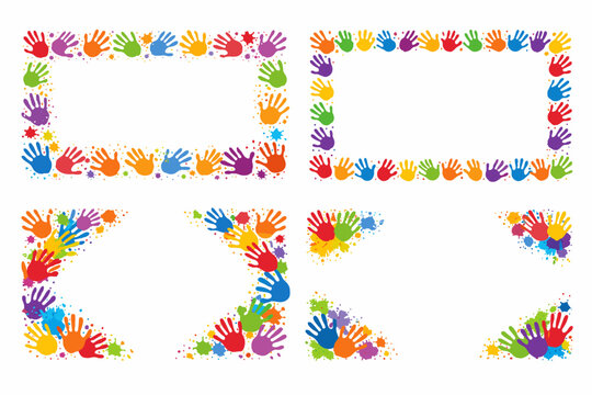 Colorful Holi Handprint Border Collection for Festive Design. Simple Flat Vector Illustration of Rainbow Hand Prints and Paint Splatters for Frames, Invitations, and Educational Backgrounds.