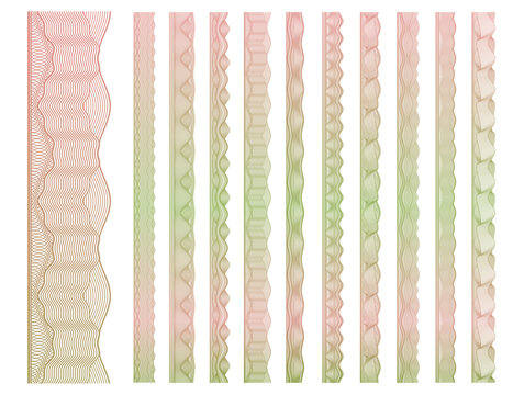 Watermark security guilloche border frames, money currency security line ornament and dividers pattern for certificate, diploma, voucher, ticket and official documents. Vector set of seamless trims