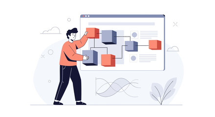 Obraz premium Man organizing blocks on a digital interface, representing workflow and strategy