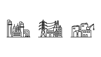Obraz premium Industrial infrastructure and energy production facilities icons with industrial infrastructure construction manufacturing production buildings engineering technology development facility
