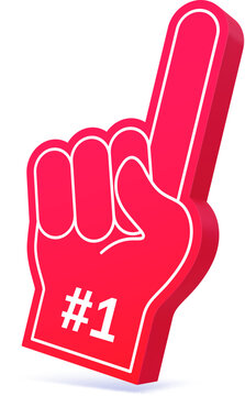 Number one winner 3d fan glove, foam red hand with raised index finger and 1 symbol. Vector cheer hand sign for sport competition victory celebration. isolated icon for event promotion and fan support
