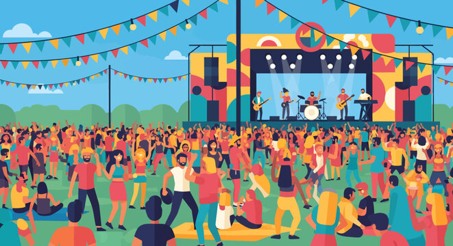 Vibrant music festival with colorful crowd and stage decorations