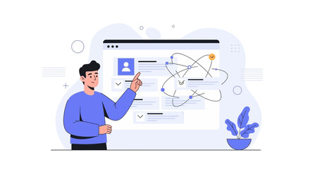 Obraz premium Man pointing at a digital interface with atom model, representing science and technology
