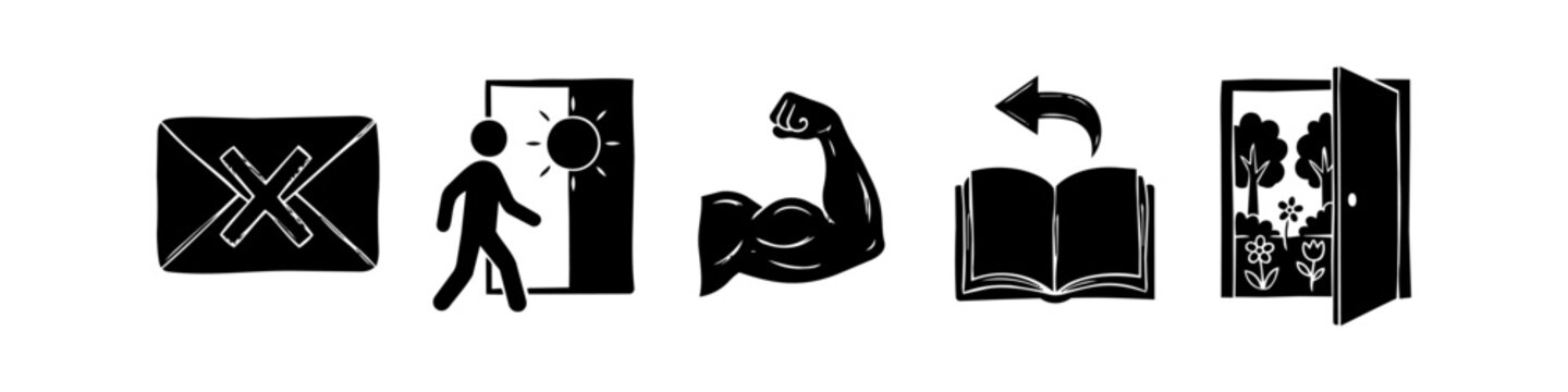 Set of five black hand-drawn style icons featuring a canceled envelope, person walking towards the sun, a flexed bicep, an open book with a return arrow, and an open door to a natural landscape.