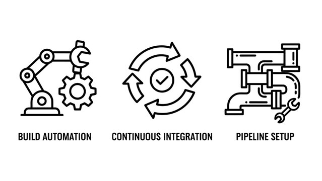 Software development build automation and ci cd pipeline icons with automation integration pipeline software development continuous deployment engineering technology programming workflow