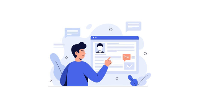 Man pointing at computer screen with task and checklist, online work concept