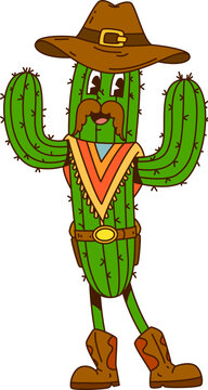 Retro western groovy cactus y2k character. Isolated vector cartoon, spiky cactus cowboy or bandit personage. Funny succulent rancher with big eyes, wearing sombrero, ready for wild west adventures