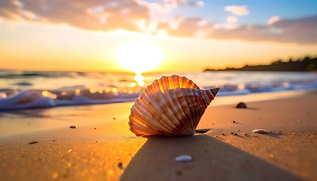 A serene beach scene at sunset with a conch shell