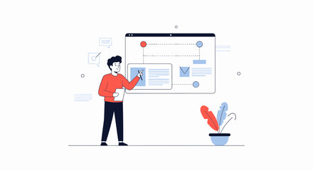 Obraz premium Man presenting flowchart on screen, business strategy, planning, workflow, modern illustration