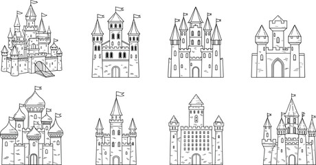 Black and white illustrated medieval castles with towers turrets battlements flags drawbridges keeps domed roofs fantasy fortress architecture artwork scene © IconicCreations