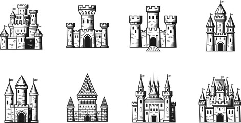 Black and white illustrated medieval castles with towers turrets battlements flags arched entrances fantasy fortress architecture creative artwork scene © IconicCreations
