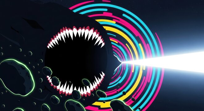 Abstract illustration of a creature with sharp teeth and energy beam