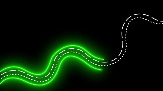 Neon green winding road animation abstract motion background, black bright