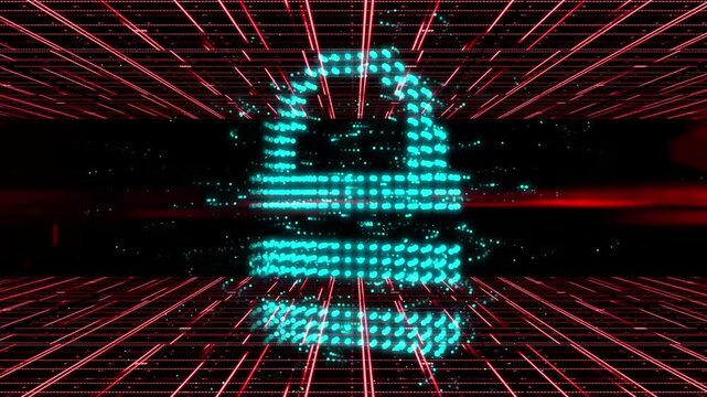 Digital Holographic lock animation with grid walls in background. Video shows cyber security on internet