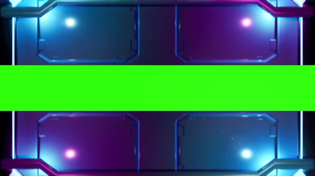 High tech magenta blue green screen opener with scifi cyberpunk door open up and down. Start with glitch effect